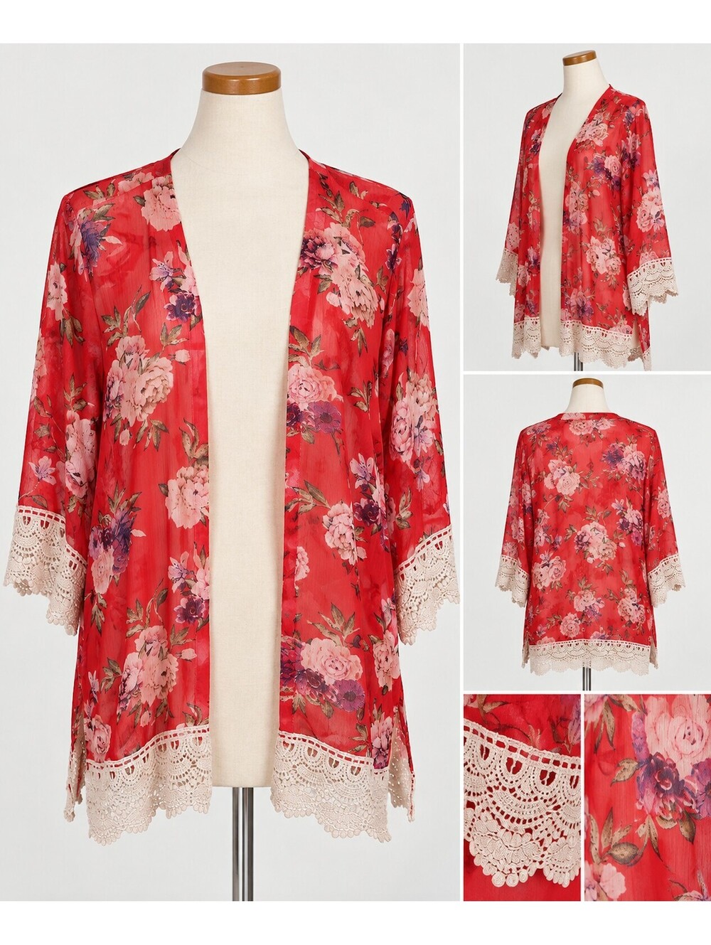 Rewind Red Floral Sheer Kimono with Crochet Lace Trim, Size